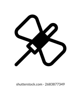 Butterfly needle. Outlined stroke vector icon with black-filled details.