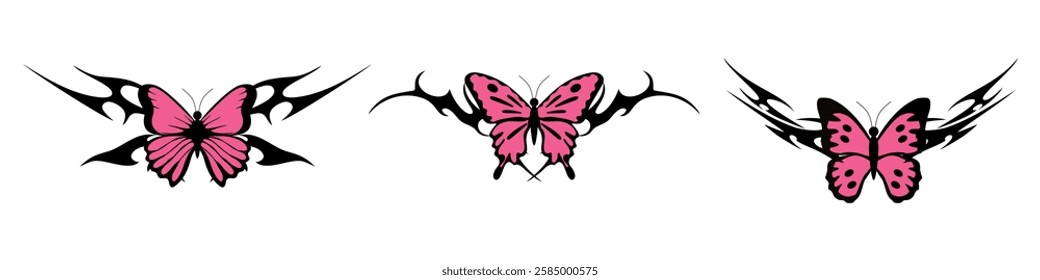 butterfly with Neo tribal y2k gothic style tattoo Cyber sigilism spikes and sparks for streetwear print designs, spiky y2k aesthetic vector set