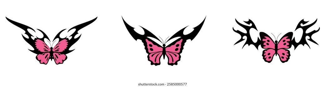 butterfly with Neo tribal y2k gothic style tattoo Cyber sigilism spikes and sparks for streetwear print designs, spiky y2k aesthetic vector set