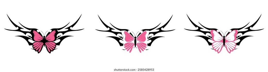 butterfly with Neo tribal y2k gothic style tattoo Cyber sigilism spikes and sparks for streetwear print designs, spiky y2k aesthetic vector set