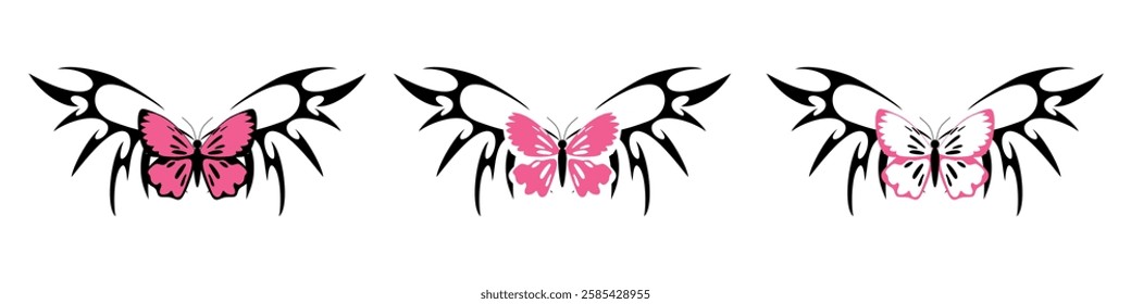 butterfly with Neo tribal y2k gothic style tattoo Cyber sigilism spikes and sparks for streetwear print designs, spiky y2k aesthetic vector set