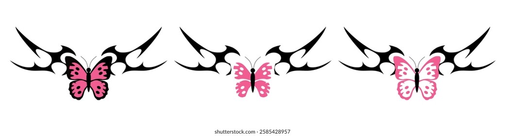 butterfly with Neo tribal y2k gothic style tattoo Cyber sigilism spikes and sparks for streetwear print designs, spiky y2k aesthetic vector set