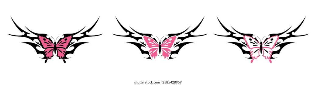 butterfly with Neo tribal y2k gothic style tattoo Cyber sigilism spikes and sparks for streetwear print designs, spiky y2k aesthetic vector set