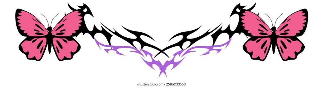 butterfly with Neo tribal y2k gothic style tattoo Cyber sigilism spikes and sparks for streetwear print designs, spiky y2k aesthetic vector set