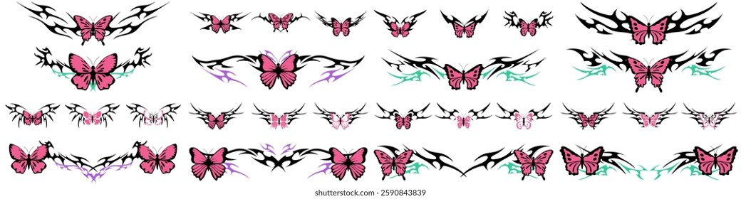 butterfly with Neo tribal y2k gothic style tattoo Cyber sigilism spikes and sparks for streetwear print designs, spiky y2k aesthetic vector set