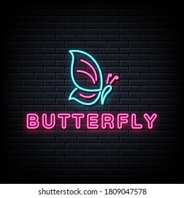 Vector de signos de neón de mariposa. Diseño de la plantilla de neón