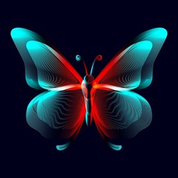 Butterfly Neon Silhouette In Line Art Style. 3D Vector Illustration Of Glowing Papillon Contour Top View Isolated On A Dark Background