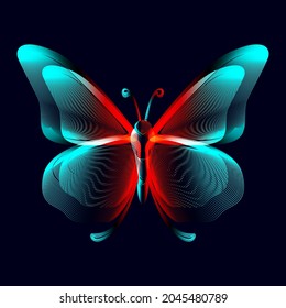 Butterfly neon silhouette in line art style. 3D vector illustration of glowing papillon contour top view isolated on a dark background