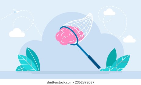 Butterfly net and brain. Catche butterfly net a person's brain. Intrusive thoughts. Manipulation of thinking by advertising. Propaganda. Using a trap for human views. Vector flat illustration