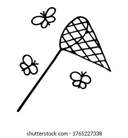 Butterfly Net And Butterflies. Hand Drawn Vector Illustration In Doodle Style, Isolated On A White Background. 