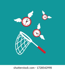 Butterfly net caught flying clock with wings. Catch, hunt, chase money symbol. Achieve goals, financial success, business income concept.  Fast time stop watch, limited offer, deadline symbol.