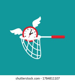 Butterfly net caught flying clock with wings. Catch, hunt, chase money symbol. Achieve goals, financial success, business income concept.  Fast time stop watch, limited offer, deadline symbol.