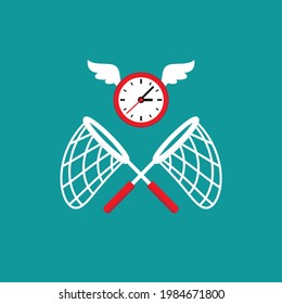 Butterfly net caught flying clock with wings. Catch, hunt, chase money symbol. Achieve goals, financial success, business income concept.  Fast time stop watch, limited offer, deadline symbol.