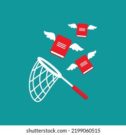Butterfly net with flying books. Catch, hunt, chase ideas and solutions symbol. Education and knowledge search concept.  creative, innovation, training. Vector illustration isolated on blue background
