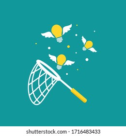 Butterfly net with flying bulbs. Catch, hunt, chase ideas and solutions symbol. Inspiration search concept.  creative, innovation, training. Vector illustration isolated on blue background. 