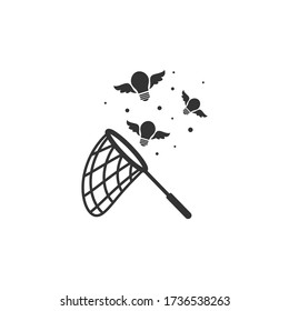 Butterfly net with flying bulbs. Catch, hunt, chase ideas and solutions symbol. Inspiration search concept.  creative, innovation, training. Vector illustration isolated on white background. 