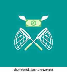 Butterfly net with flying dollar banknotes. Catch, hunt, chase money symbol. Achieve goals, financial success, business income concept.  Vector illustration isolated on blue background. 