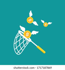 Butterfly net with flying golden coins. Catch, hunt, chase money symbol. Achieve goals, financial success, business income concept.  Vector illustration isolated on blue background. 