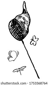 Butterfly net and flying insects. Hand drawn vector illustration. Doodles, sketching. Black contour drawing isolated on white. Primitive style, single picture for design, print, card, poster, sticker.