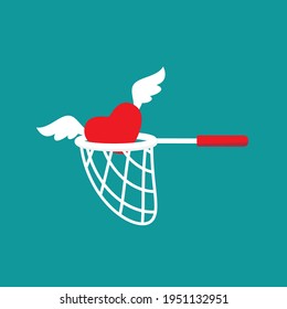 Butterfly net with heart. Catch, hunt, chase symbol. Achieve love or dreams concept.  Vector illustration isolated on blue background. 