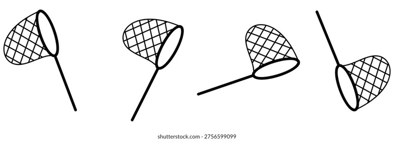 Butterfly Net Icon Set Vector – Insect Catching Net Line Art Collection for Outdoor Nature and Summer Activities Design	