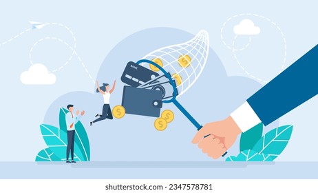 Butterfly net with money, wallet, credit card, golden coins. Catch, hunt, chase money symbol. Achieve goals, financial success, and business income of the company concept. Vector flat  illustration