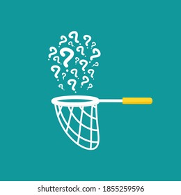 Butterfly net with questions. Catch, hunt, chase symbol. Vector illustration isolated on blue background. Ask symbol. Curiosity logo. Hints and tints. Questions and answers.