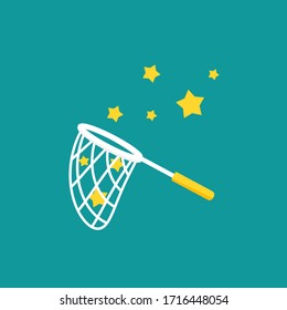 Butterfly net with stars. Catch, hunt, chase dream symbol. Achieve goals or dreams concept.  Vector illustration isolated on blue background. 