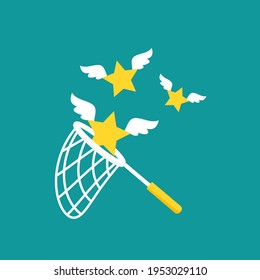 Butterfly net with stars. Catch, hunt, chase dream symbol. Achieve goals or dreams concept.  Vector illustration isolated on blue background. 