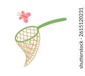 Butterfly net vector illustration. Landing net for catching butterflies. Flat cartoon butterfly net trap for card, book illustration, summer hobby, leisure concept.