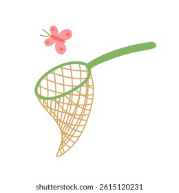 Butterfly net vector illustration. Landing net for catching butterflies. Flat cartoon butterfly net trap for card, book illustration, summer hobby, leisure concept.
