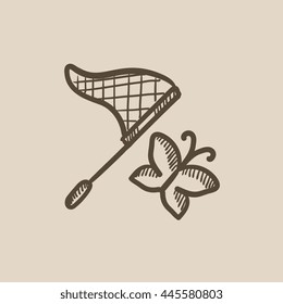 Butterfly and net vector sketch icon isolated on background. Hand drawn Butterfly and net icon. Butterfly and net sketch icon for infographic, website or app.