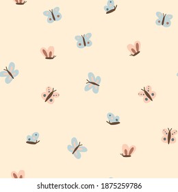 Butterfly in neutral colors vector seamless pattern for kids - for fabric, wrapping, textile, wallpaper, background.
