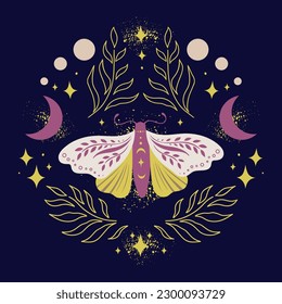 Butterfly night moth in a frame of twigs with crescents, stars and fairy dust on dark background. Vector symmetric celestial boho print