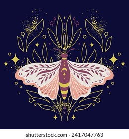 Mariposa de noche con ramas brillantes, estrellas y polvo de hadas sobre fondo oscuro. Impresión de boho celestial vectorial simétrico