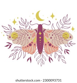 Butterfly night moth with twigs crescents, stars. Beautiful vector symmetric celestial boho print, tattoo sketch