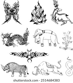 Butterfly, nine-tailed fox, deer looking back, dragon, elephant, lizard, pheasant pair, buffalo bow, eel, rhinoceros. Ancient magical beastsvector. illustration. Ancient Thai line drawing.Thai tattoo.