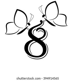 Butterfly with number eight  sketch.Vector illustration