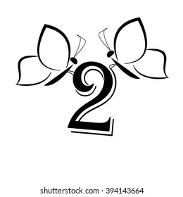 Butterfly with number two sketch.Vector illustration