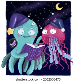 Butterfly, octopus and jellyfish are reading a book. Cute cartoon character. Vector illustration.