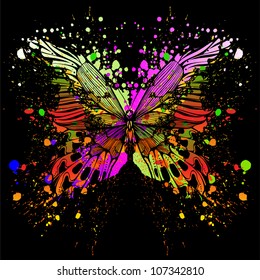 Butterfly on background of with color spots. Vector illustration.