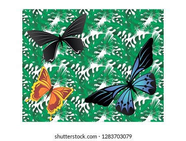 butterfly on a background of green tropical leaves