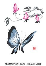 Butterfly on the background of a magnolia branch.Vector illustration in traditional oriental style. The meaning of the seal is the ancient Chinese hieroglyph "Spring".