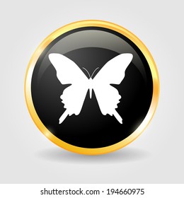 Butterfly on the Black shiny button with metallic elements, vector design for website.