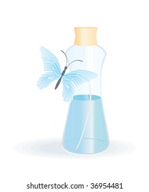 butterfly on the bottle with fragrance or another blue liquid on white