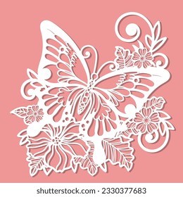 Butterfly with on a branch with flowers. Template for laser cutting of paper, cardboard, wood, metal, etc. For the design of wedding cards, envelopes, interior decoration and so on. Vector