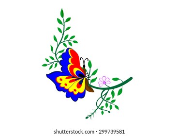 Butterfly on a branch vector illustration, Isolated on a white background, butterfly on a branch with flower and leaves