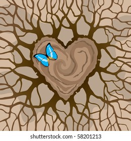 butterfly on a cut tree in the form of heart