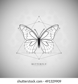 Butterfly on an doted abstract mesh. Illustration with geometric elements. Hipster Vector art. Halftone background.