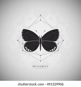 Butterfly on an doted mesh. Halftone background. Illustration with geometric abstract elements. Hipster Vector art.